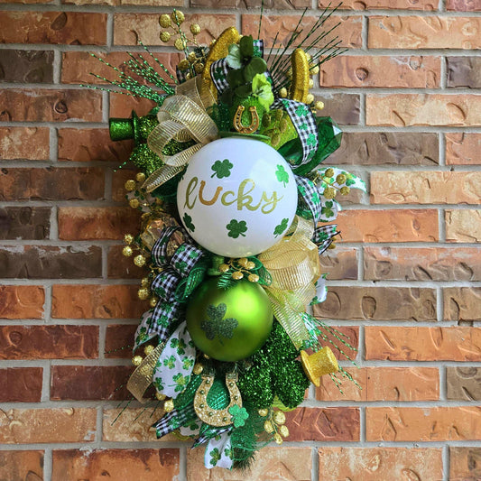 St. Patrick’s Day Swag – Lucky Shamrock Wreath with Gold & Emerald Decor