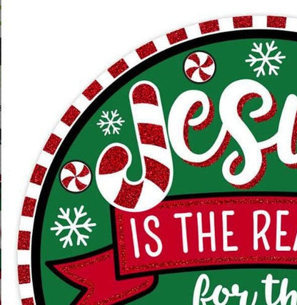 Glittered Jesus is the Reason Metal Sign: Christmas Wreath Attachment