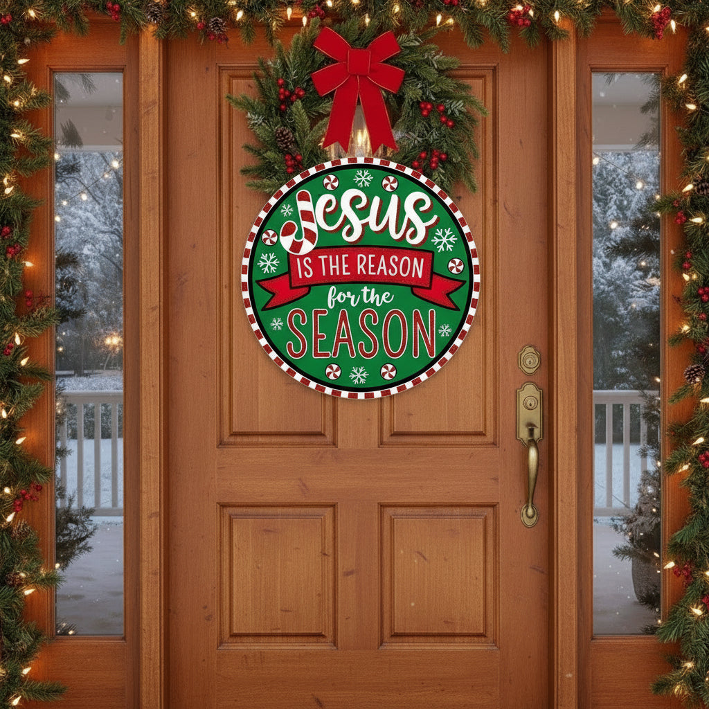 Glittered Jesus is the Reason Metal Sign: Christmas Wreath Attachment