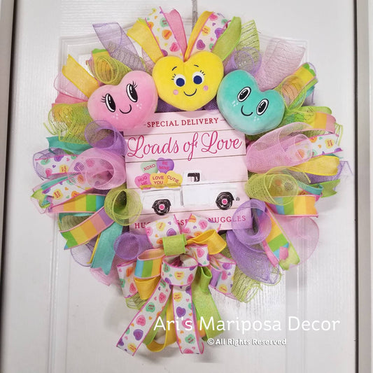 Valentine’s Day Heart Wreath for Door, Pastel Candy Conversation Wreath, Loads of Love Wall Décor, Sweetheart Gift, I Love You Office Accent