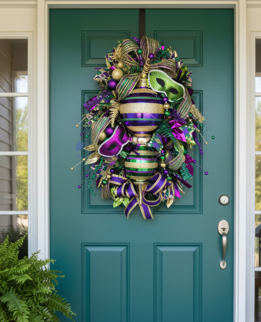 Whimsical Mardi Gras Finial Wreath | Louisiana Carnival Door Swag