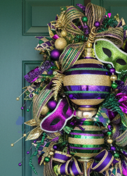 Whimsical Mardi Gras Finial Wreath | Louisiana Carnival Door Swag