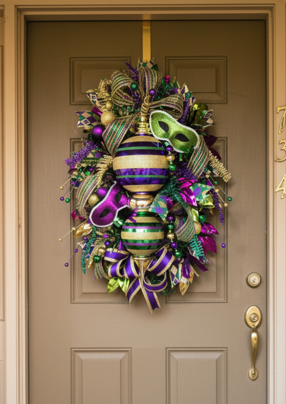 Whimsical Mardi Gras Finial Wreath | Louisiana Carnival Door Swag