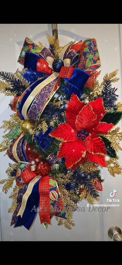 Christmas Poinsettia Swag | Holiday Staircase Wreath | Traditional Winter Home Decor