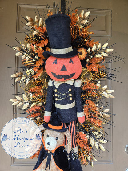 Whimsical Pumpkin Wreath, Wizard dog Halloween Swag, Mystical Wall Accent, Spooky Party Decor, Fall Season,