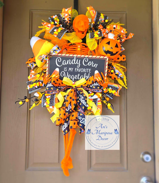 Whimsical Candy Corn Skeleton Wreath