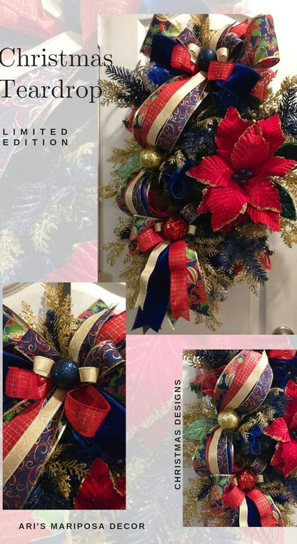 Christmas Poinsettia Swag | Holiday Staircase Wreath | Traditional Winter Home Decor