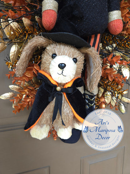 Whimsical Pumpkin Wreath, Wizard dog Halloween Swag, Mystical Wall Accent, Spooky Party Decor, Fall Season,