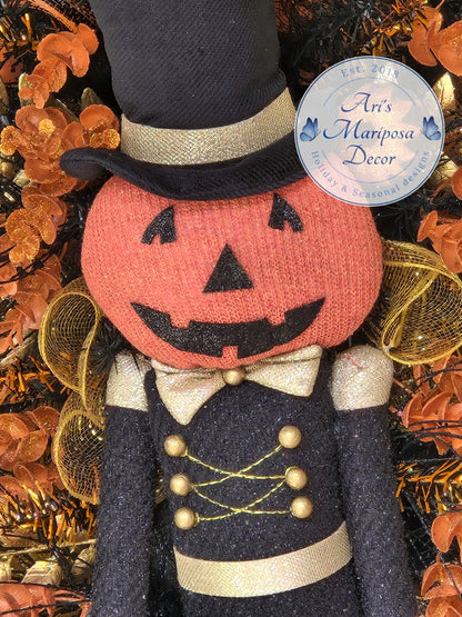 Whimsical Pumpkin Wreath, Wizard dog Halloween Swag, Mystical Wall Accent, Spooky Party Decor, Fall Season,