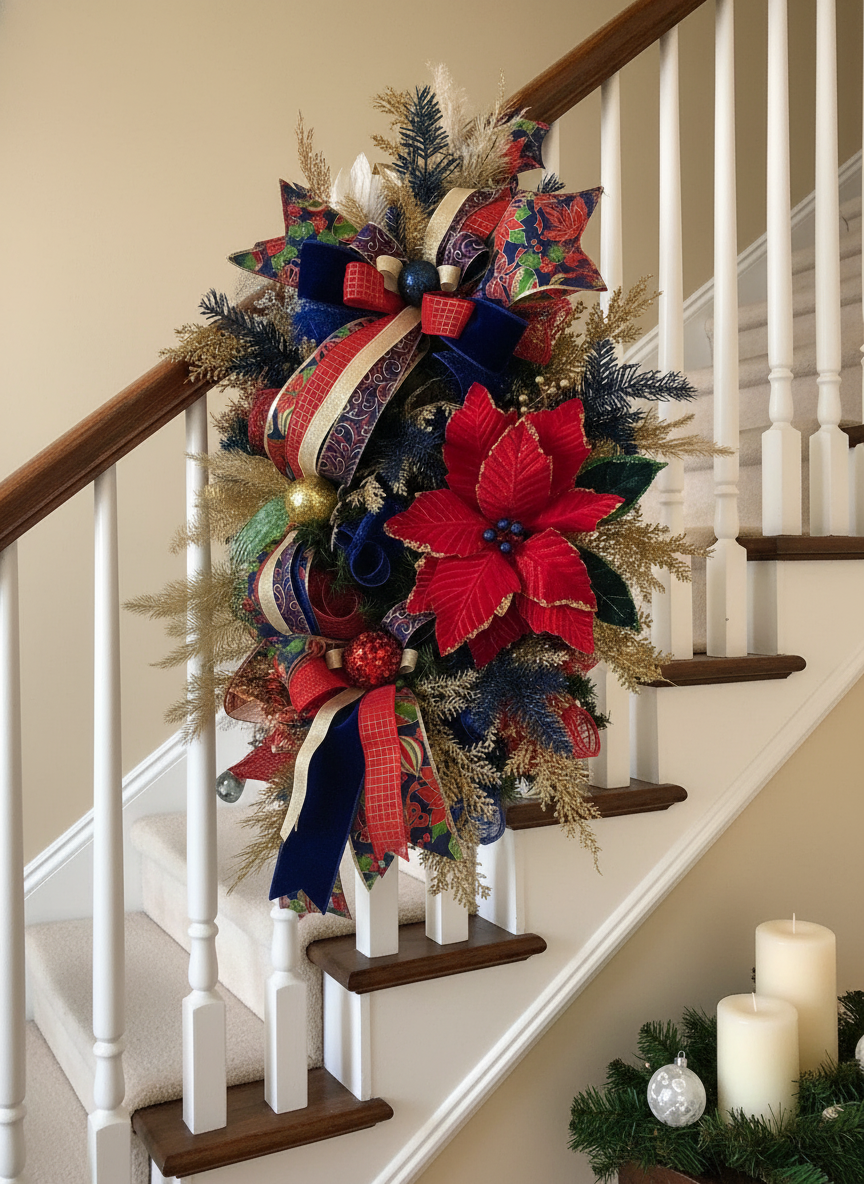 Christmas Poinsettia Teardrop Swag in elegant holiday setting