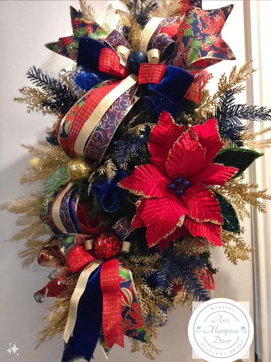 Christmas Poinsettia Teardrop Swag: Holiday Staircase Decor