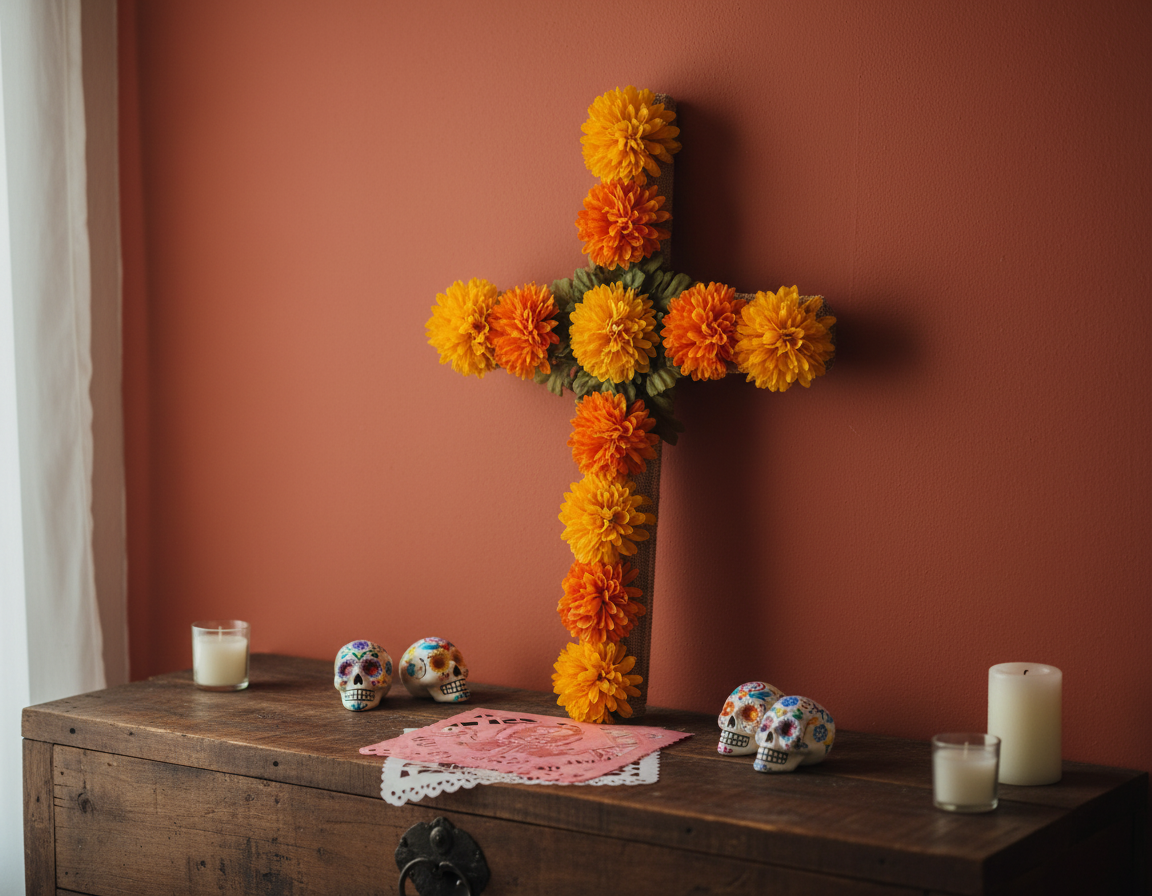 Day of the Dead Marigold Cross in traditional setting