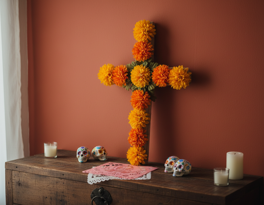 Day of the Dead Marigold Cross in traditional setting