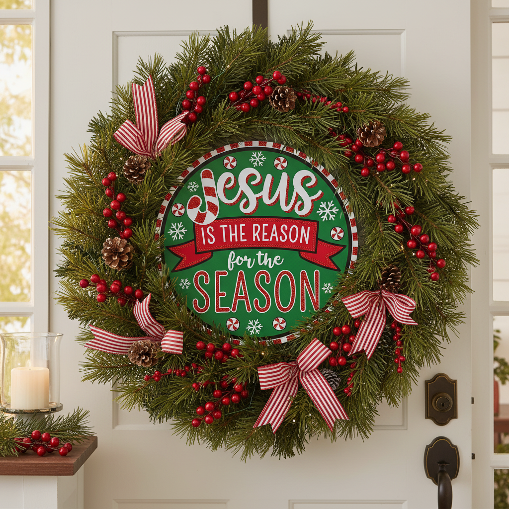 Glittered Jesus is the Reason Metal Sign in elegant holiday setting