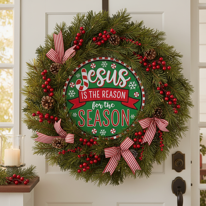 Glittered Jesus is the Reason Metal Sign in elegant holiday setting