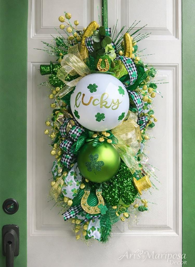St. Patrick’s Day Swag – Lucky Shamrock Wreath with Gold & Emerald Decor