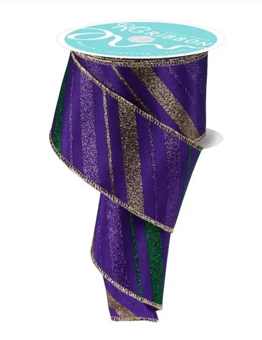 4 inch Mardi Gras diagonal stripe wired ribbon in purple, gold and green, 10 yards