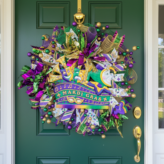 Mardi Gras Krewe Float Wreath on Premium Door
