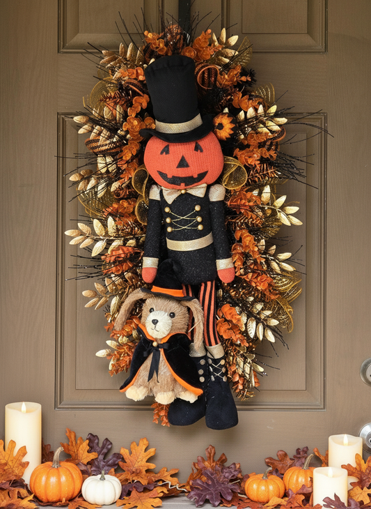Whimsical Pumpkin Wreath with Wizard Dog in magical Halloween setting